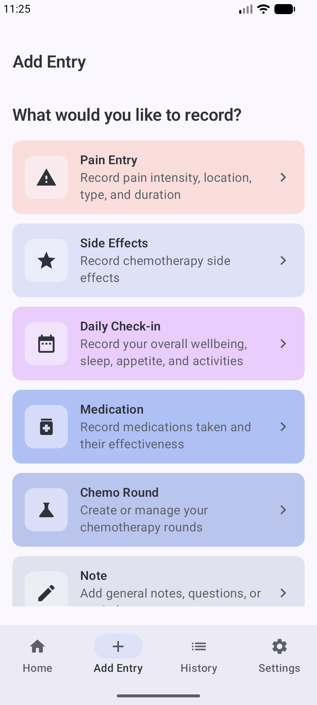 Menu to choose what kind of entry to record