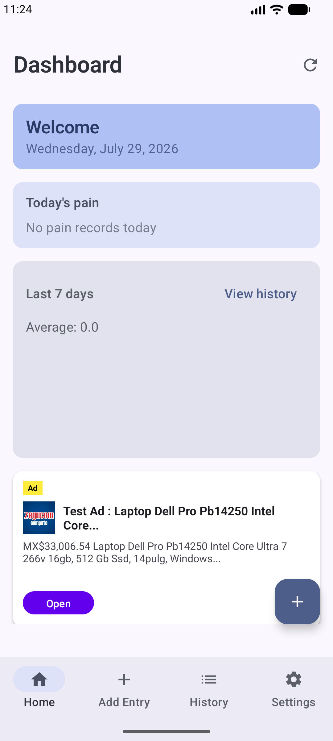 App dashboard showing the daily pain summary
