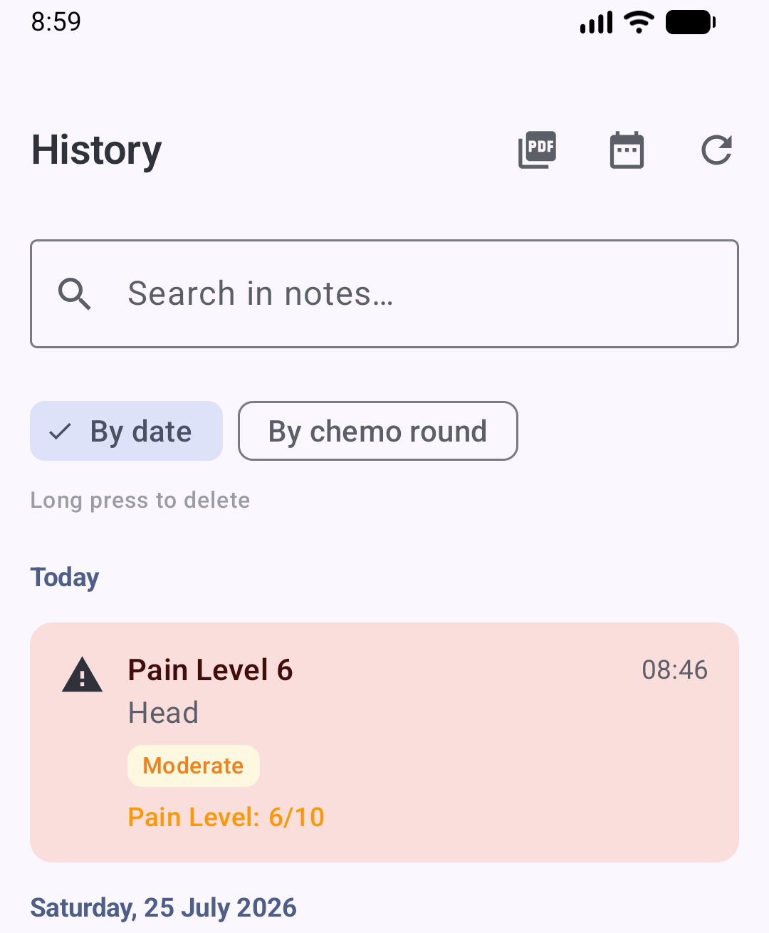 Entry history grouped by date