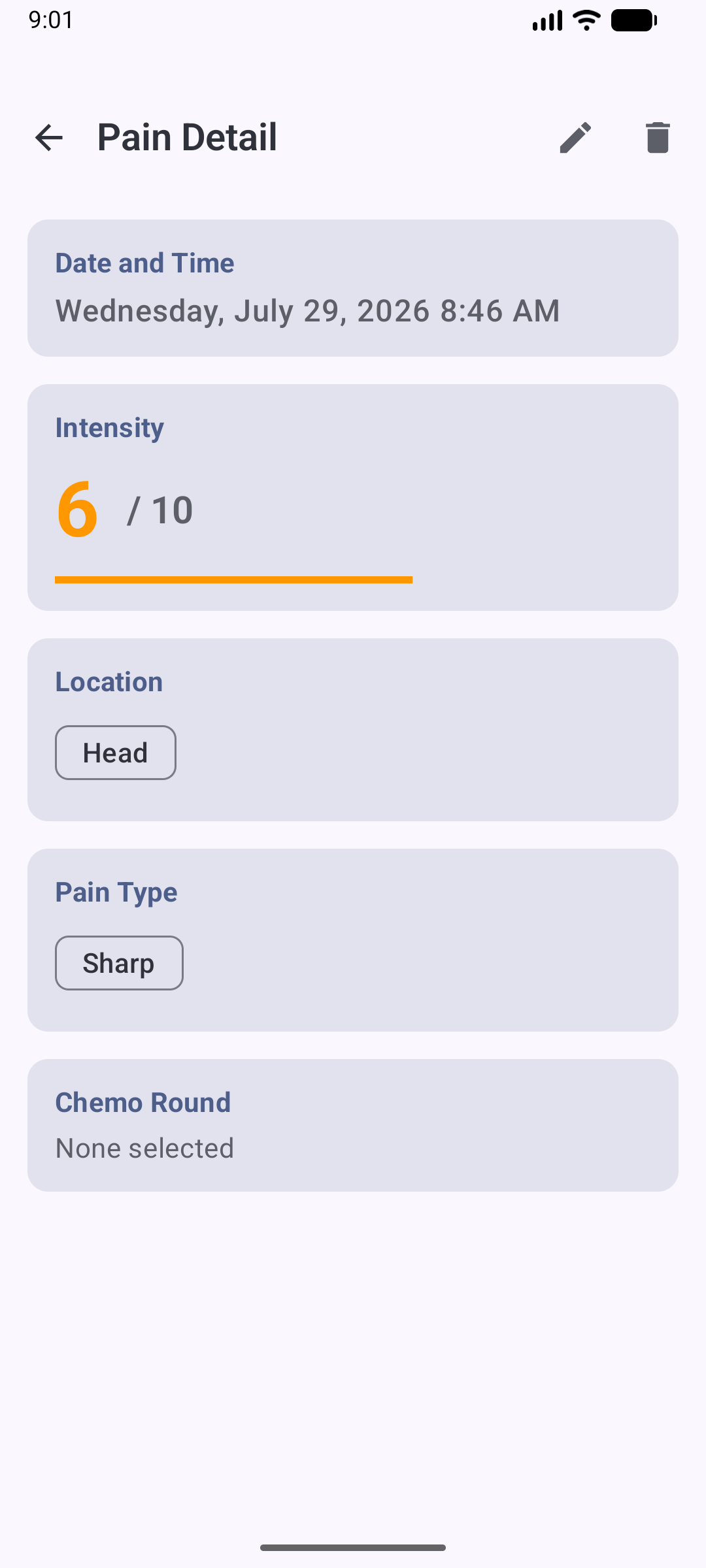 Detail view of a pain entry with intensity, location and type