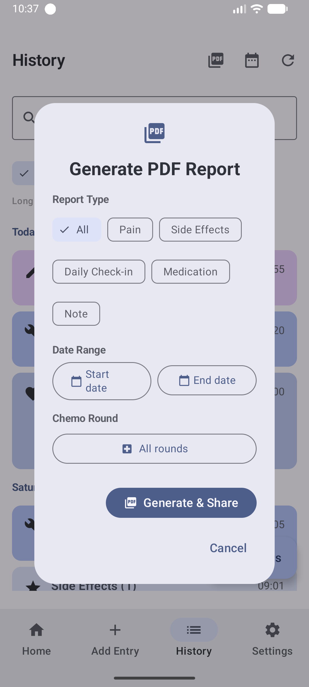 Dialog to generate a PDF report with filters
