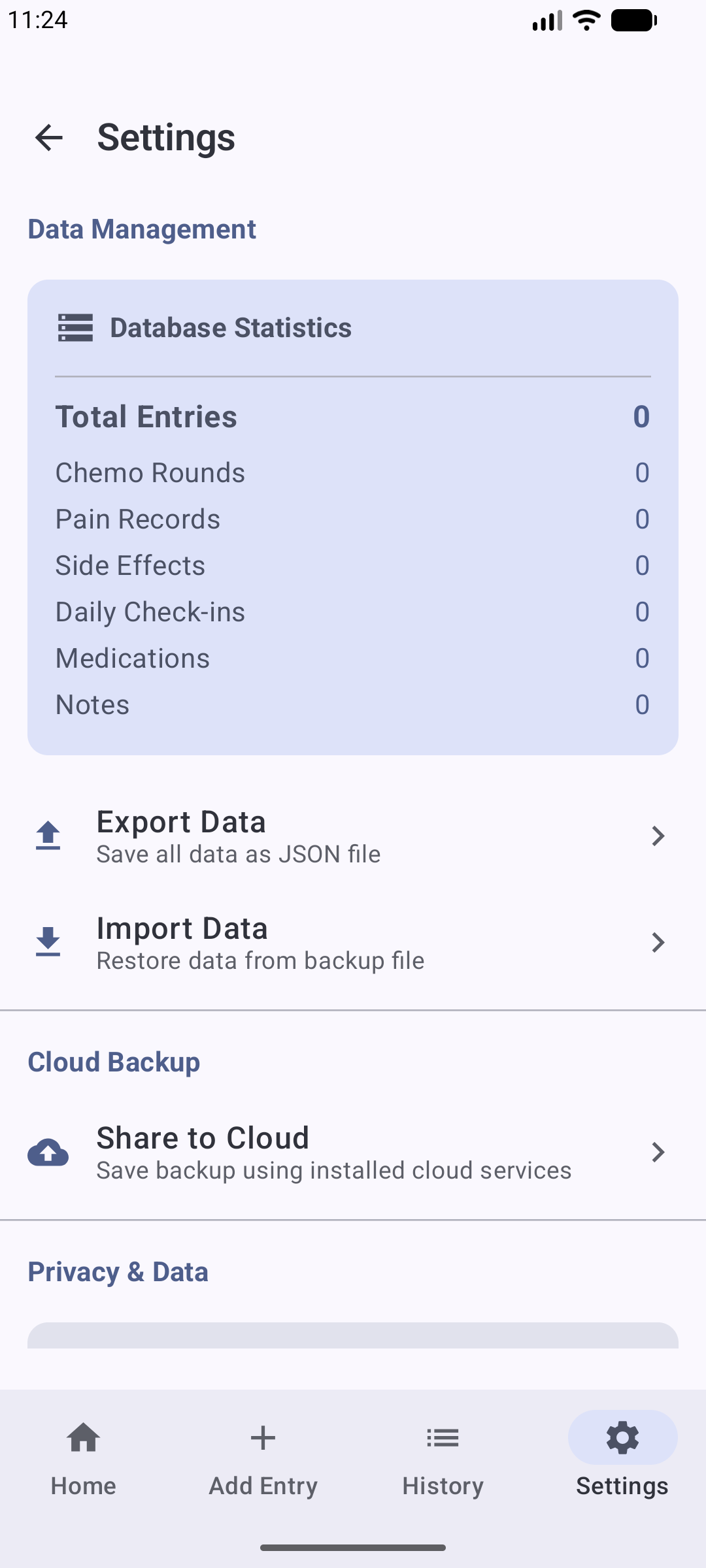 Settings screen with database statistics