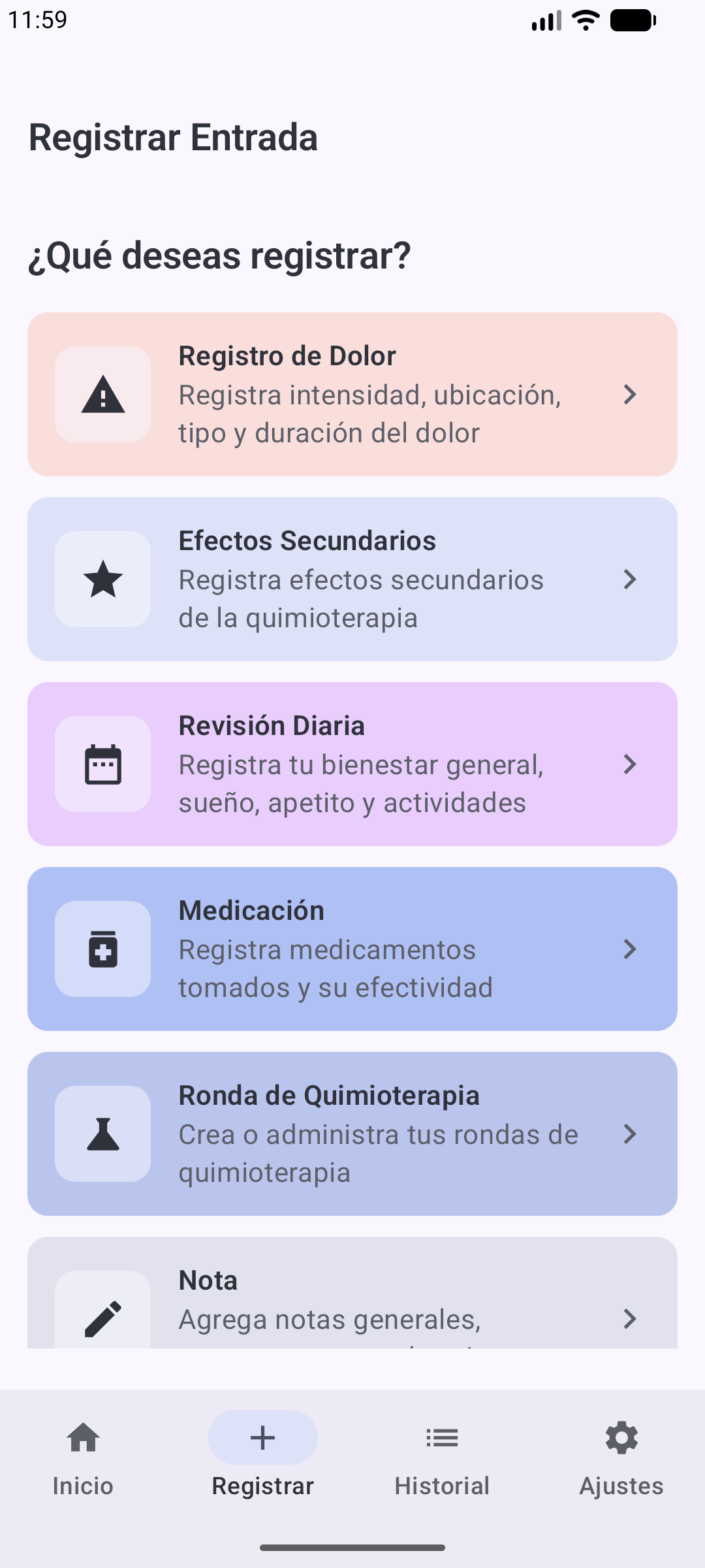 Menú para elegir qué tipo de entrada registrar