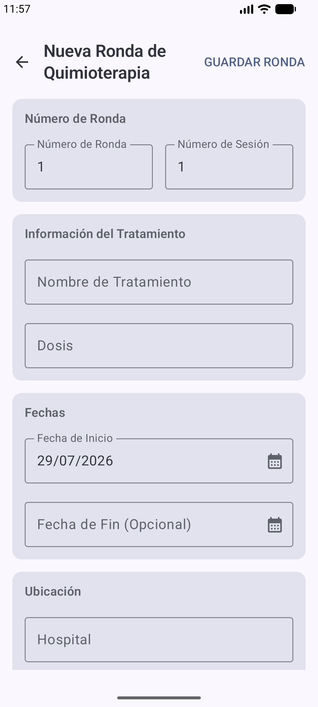 Formulario para crear una nueva ronda de quimioterapia