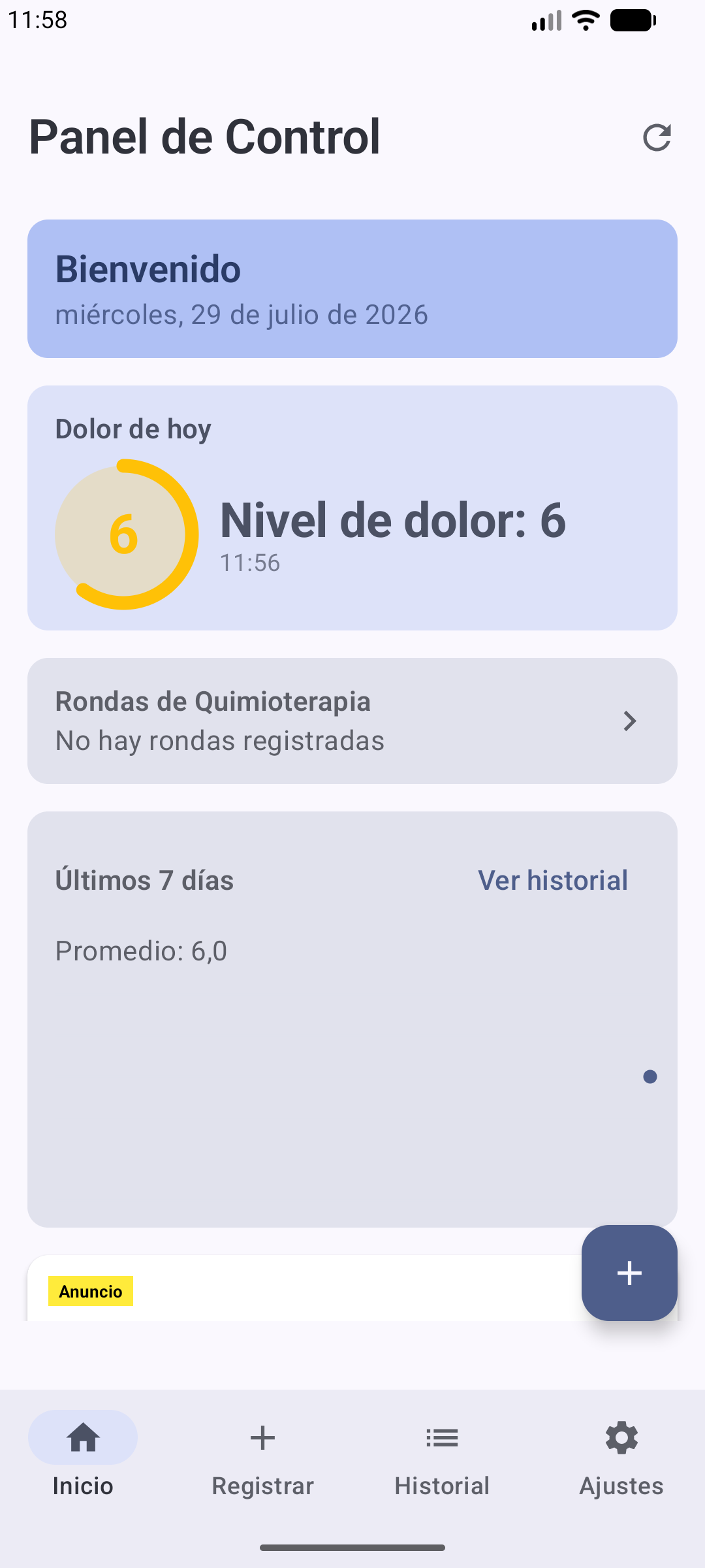 Panel principal de la app mostrando el resumen diario de dolor