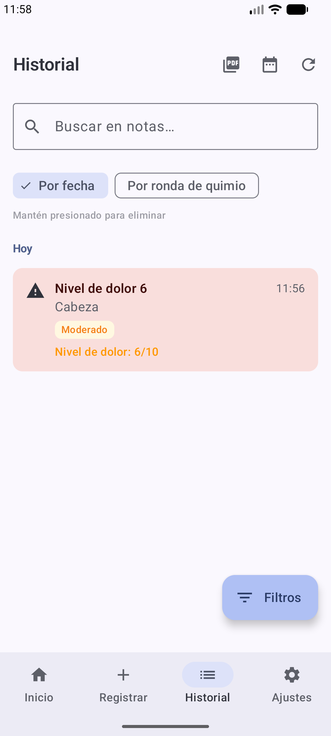 Historial de entradas agrupado por fecha