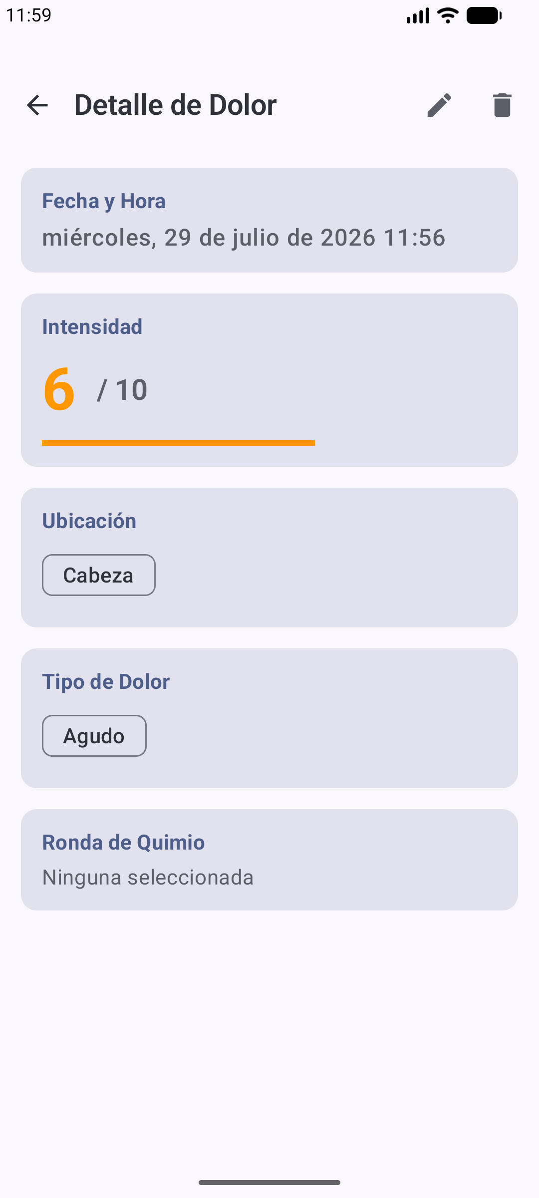 Detalle de un registro de dolor con intensidad, ubicación y tipo