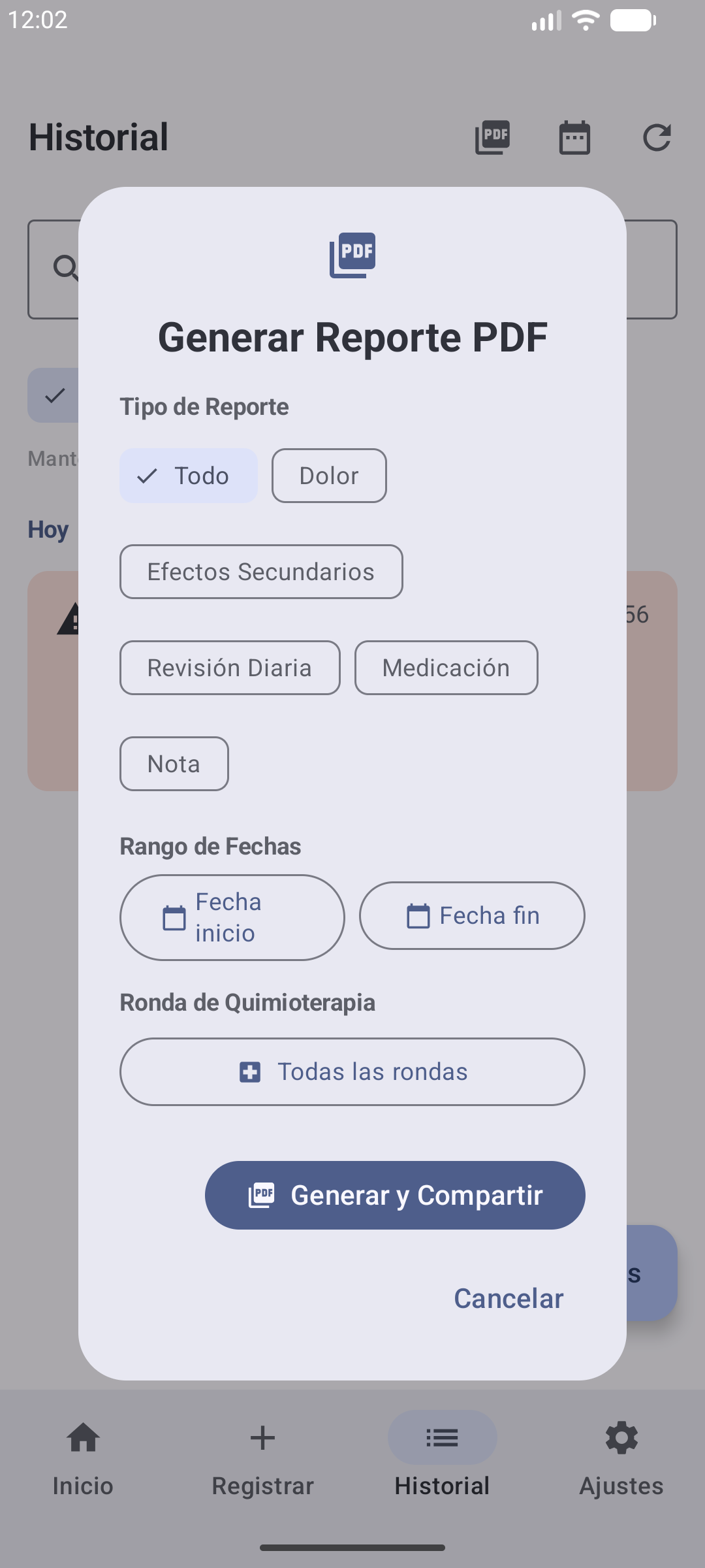 Diálogo para generar un reporte PDF con filtros