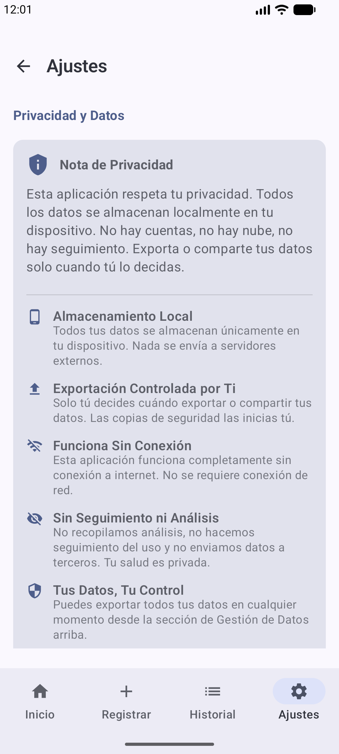 Pantalla de nota de privacidad de la aplicación