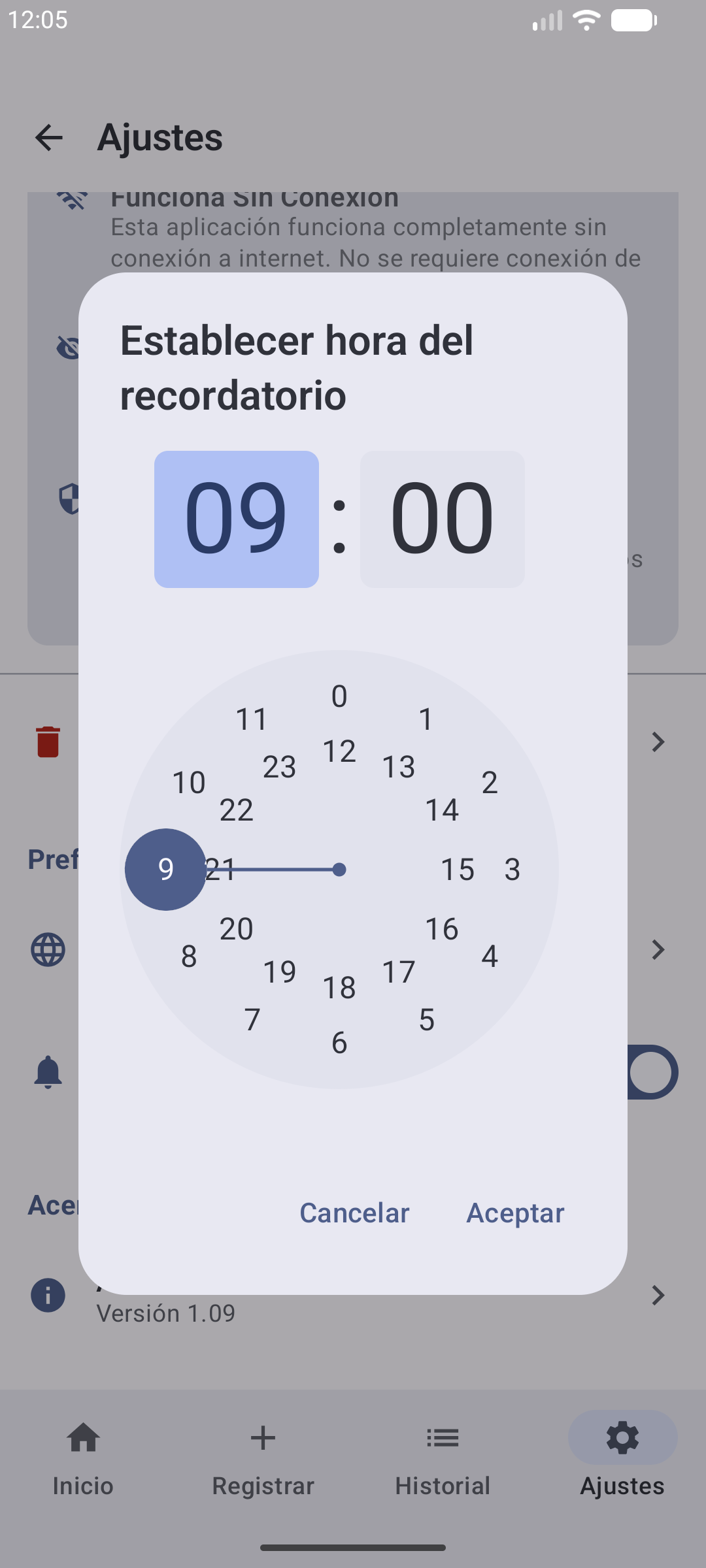 Selector para configurar la hora del recordatorio diario