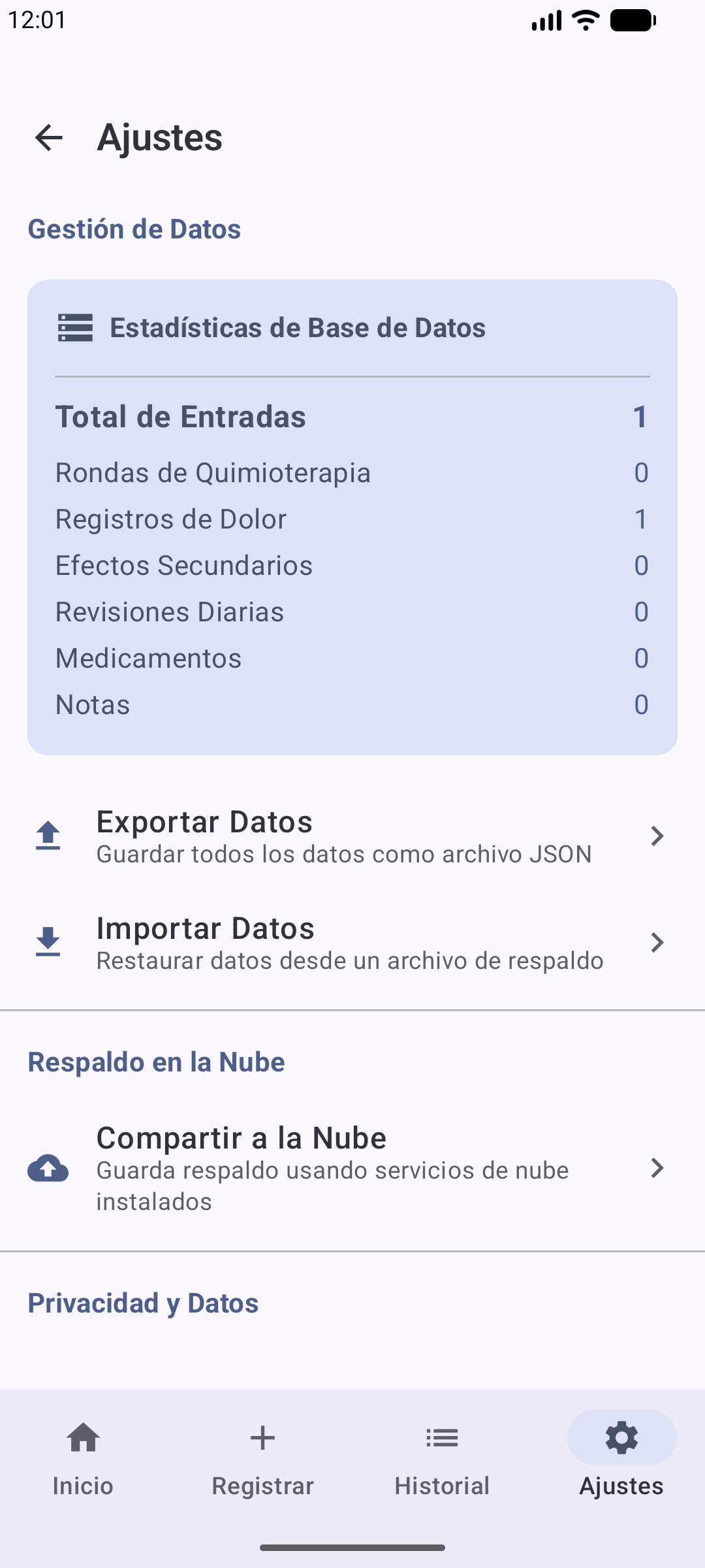 Pantalla de ajustes y estadísticas de la base de datos