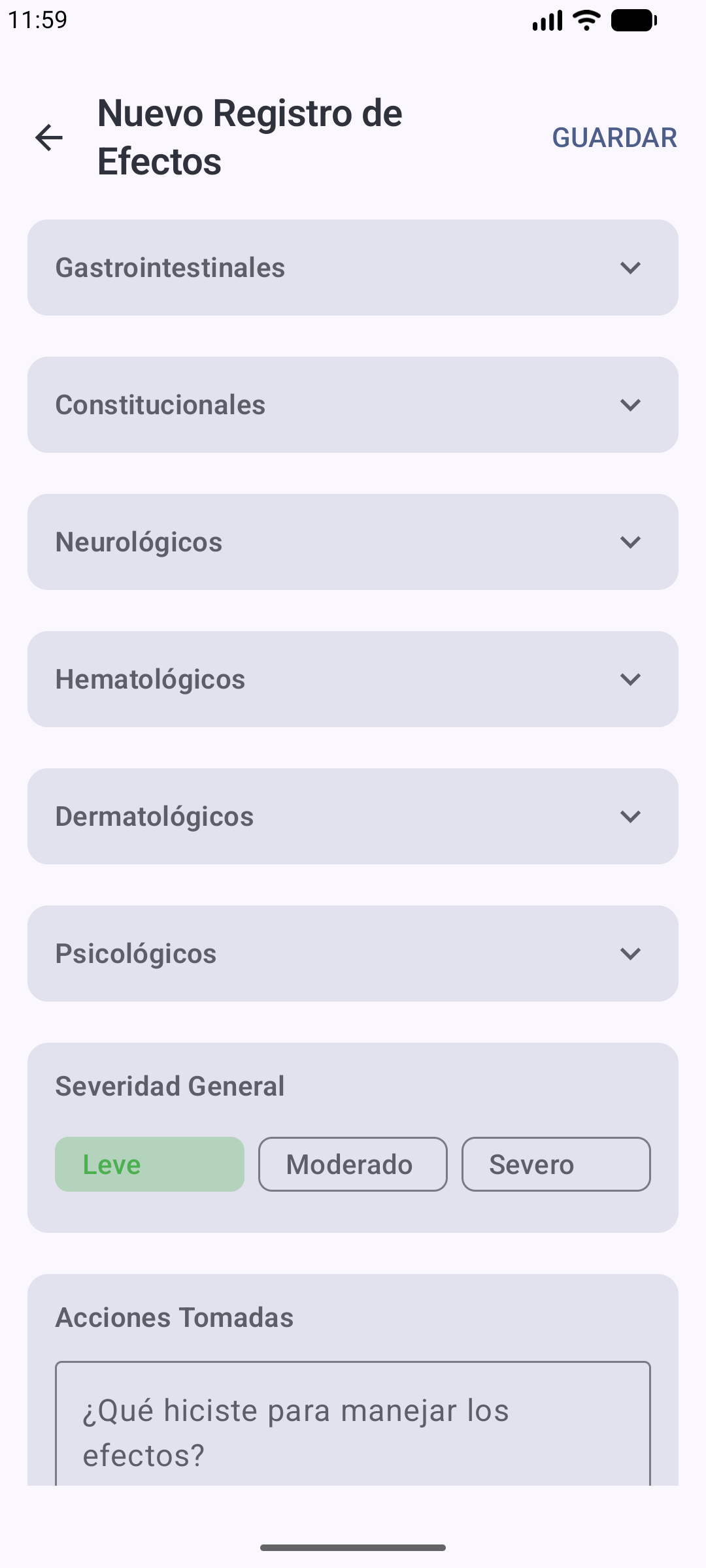 Formulario de registro de efectos secundarios por categoría